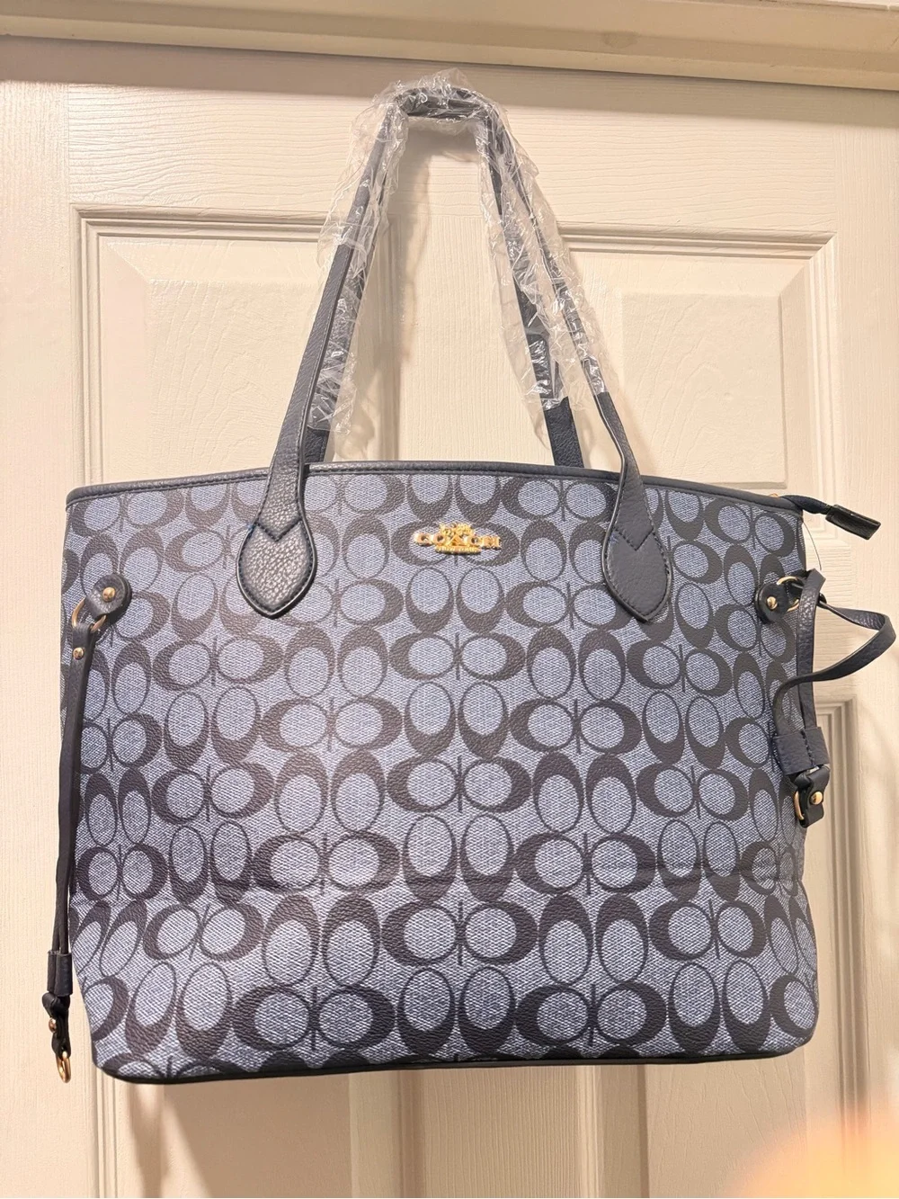 C Blue and Gray Signature Tote with Gold Hardware